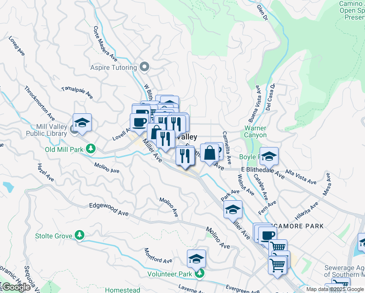map of restaurants, bars, coffee shops, grocery stores, and more near in Mill Valley