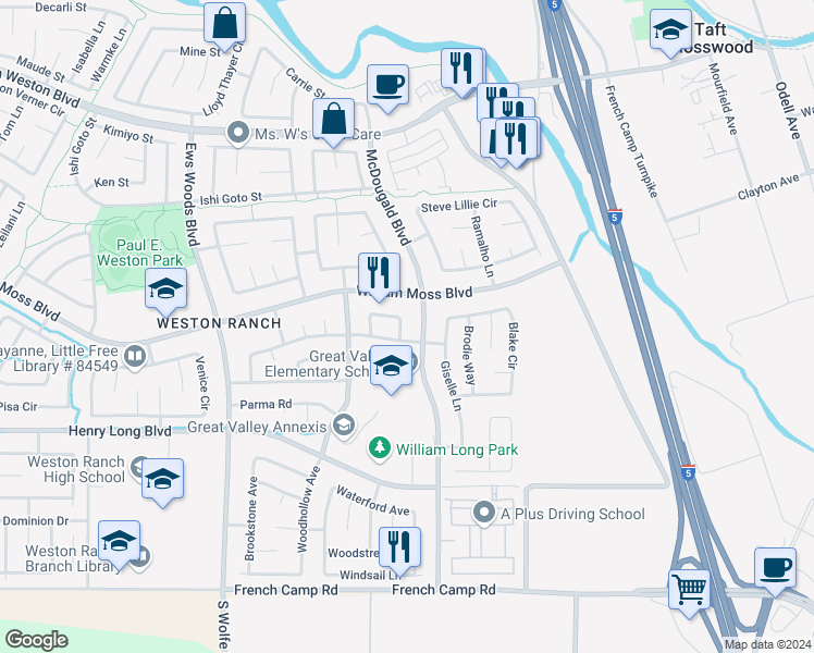 map of restaurants, bars, coffee shops, grocery stores, and more near 823 Sanddollar Circle in Stockton