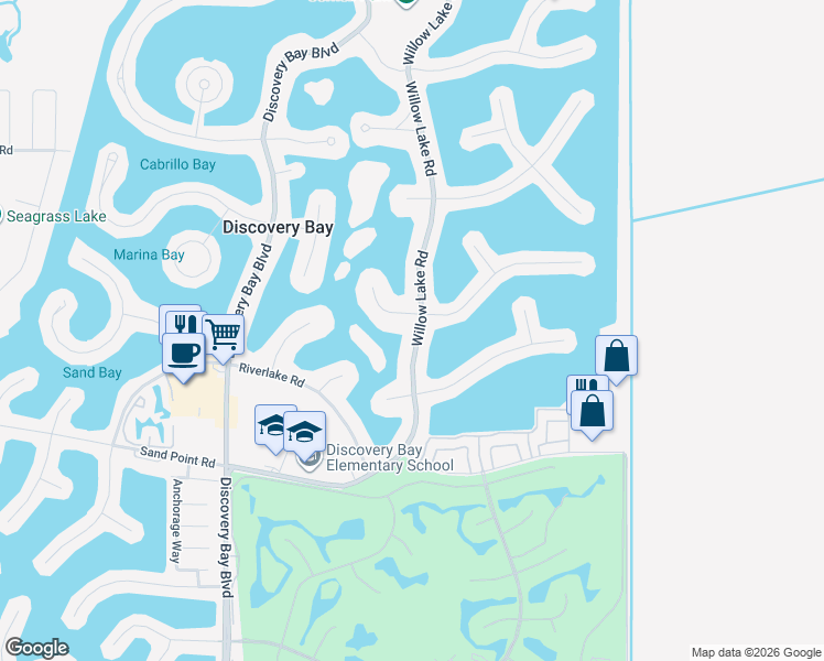 map of restaurants, bars, coffee shops, grocery stores, and more near 1370 Willow Lake Road in Discovery Bay