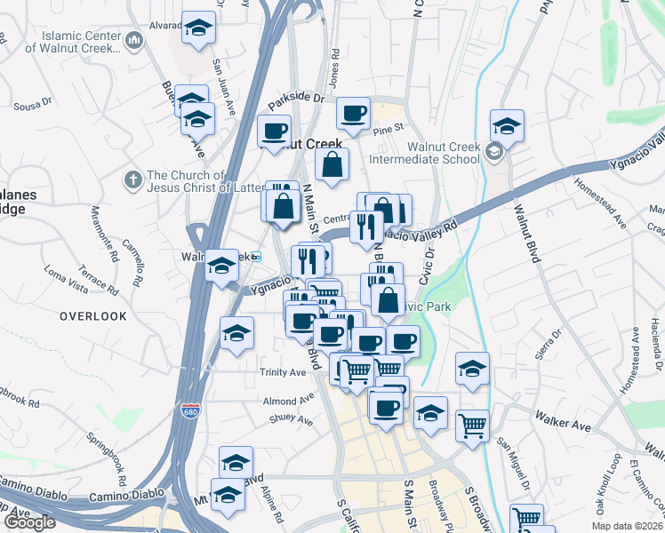 map of restaurants, bars, coffee shops, grocery stores, and more near 1910 North Main Street in Walnut Creek