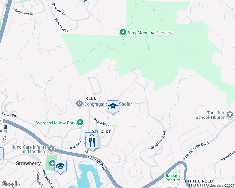 map of restaurants, bars, coffee shops, grocery stores, and more near 331 Blackfield Drive in Tiburon