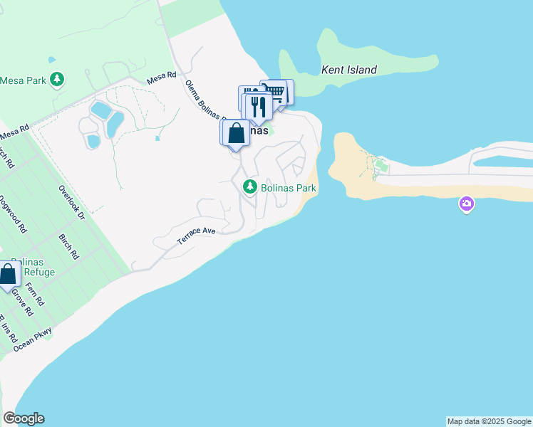 map of restaurants, bars, coffee shops, grocery stores, and more near 55 Cliff Avenue in Bolinas