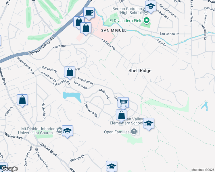 map of restaurants, bars, coffee shops, grocery stores, and more near 406 Marshall Drive in Walnut Creek