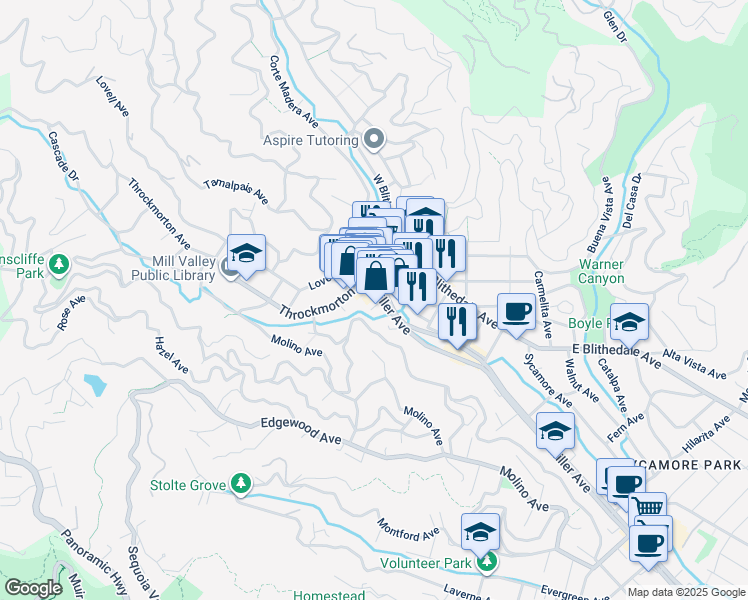 map of restaurants, bars, coffee shops, grocery stores, and more near 89 Ethel Avenue in Mill Valley