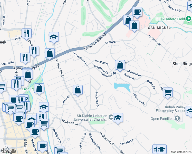 map of restaurants, bars, coffee shops, grocery stores, and more near 1072 Hacienda Drive in Walnut Creek