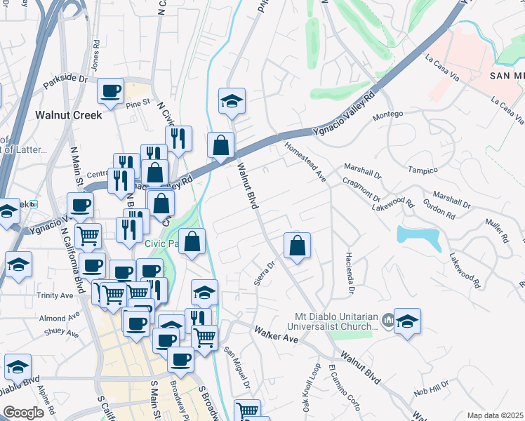 map of restaurants, bars, coffee shops, grocery stores, and more near 2610 Walnut Boulevard in Walnut Creek