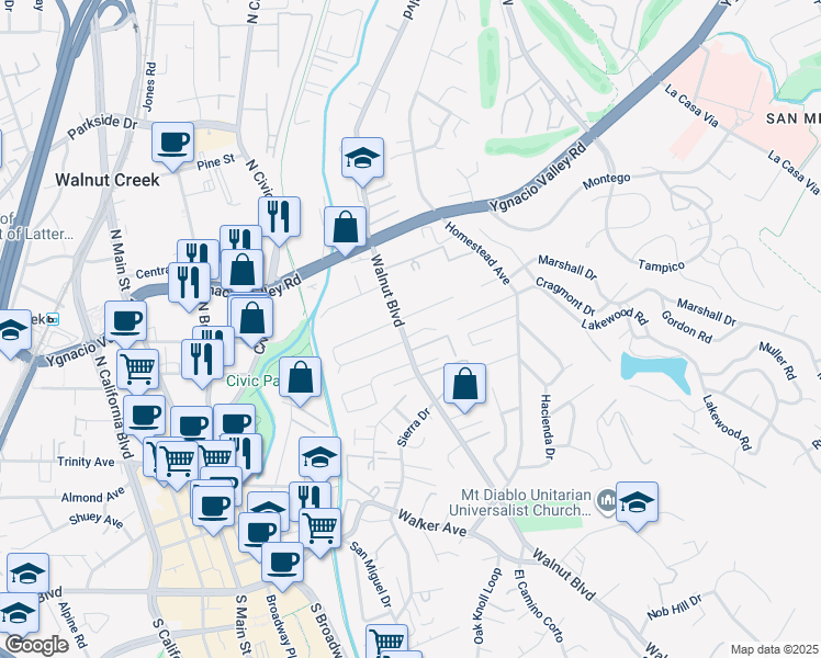 map of restaurants, bars, coffee shops, grocery stores, and more near 2610 Walnut Boulevard in Walnut Creek