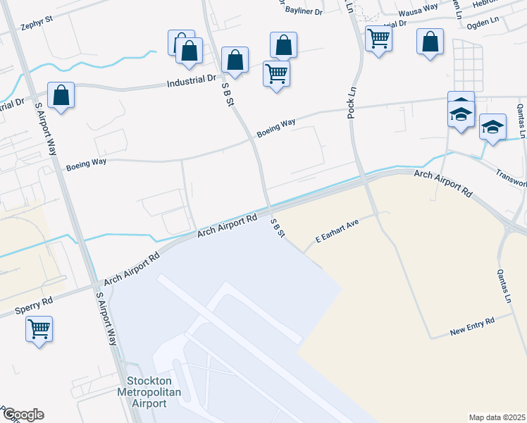 map of restaurants, bars, coffee shops, grocery stores, and more near 2019 Arch Airport Road in Stockton
