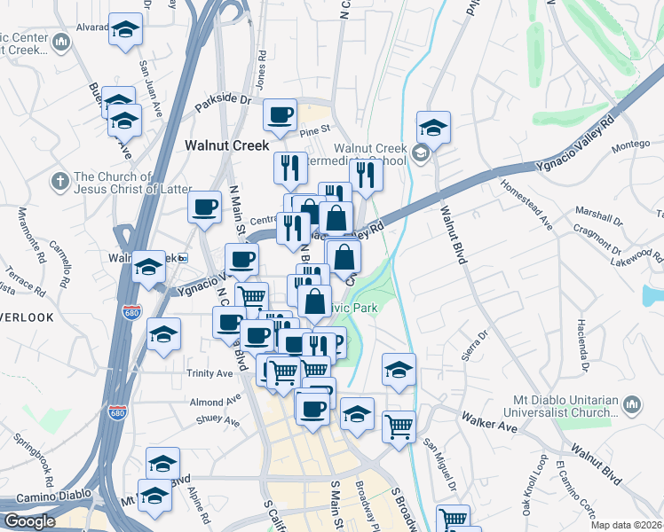 map of restaurants, bars, coffee shops, grocery stores, and more near 1250 Arroyo Way in Walnut Creek