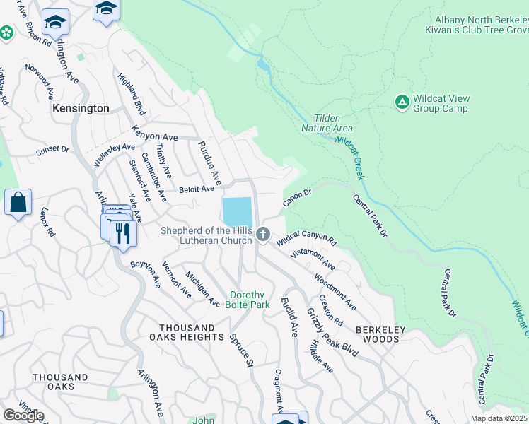 map of restaurants, bars, coffee shops, grocery stores, and more near 601 Canon Drive in Kensington