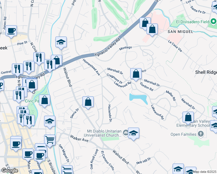 map of restaurants, bars, coffee shops, grocery stores, and more near 1072 Hacienda Drive in Walnut Creek
