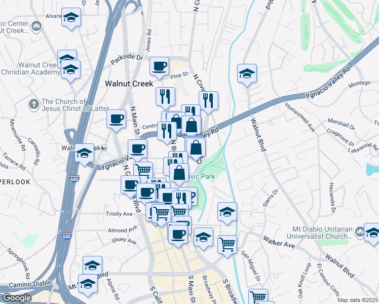 map of restaurants, bars, coffee shops, grocery stores, and more near 1203 Arroyo Way in Walnut Creek