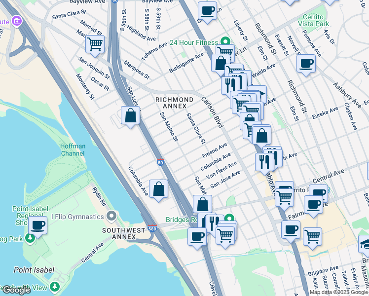 map of restaurants, bars, coffee shops, grocery stores, and more near 2427 San Mateo Street in Richmond