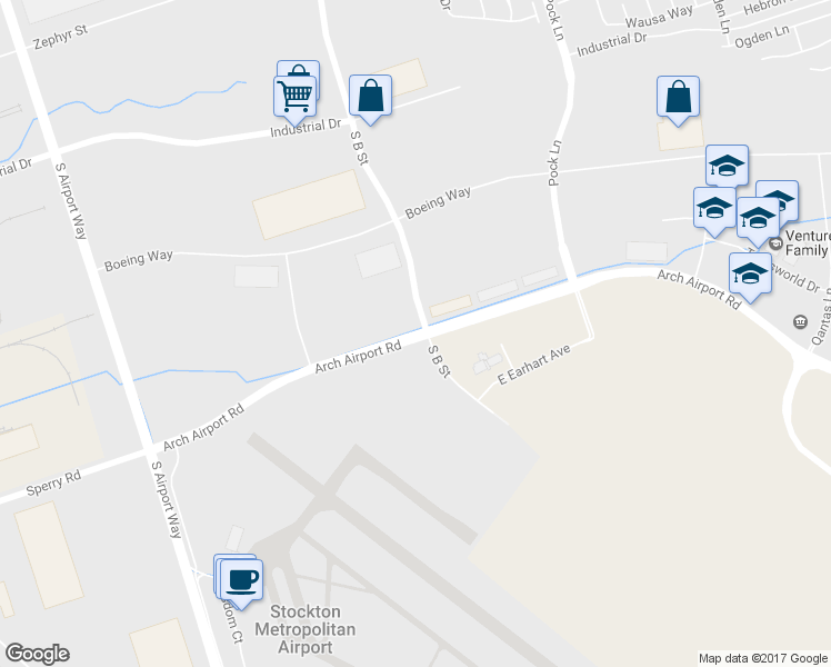 map of restaurants, bars, coffee shops, grocery stores, and more near 2019 Arch Airport Road in Stockton