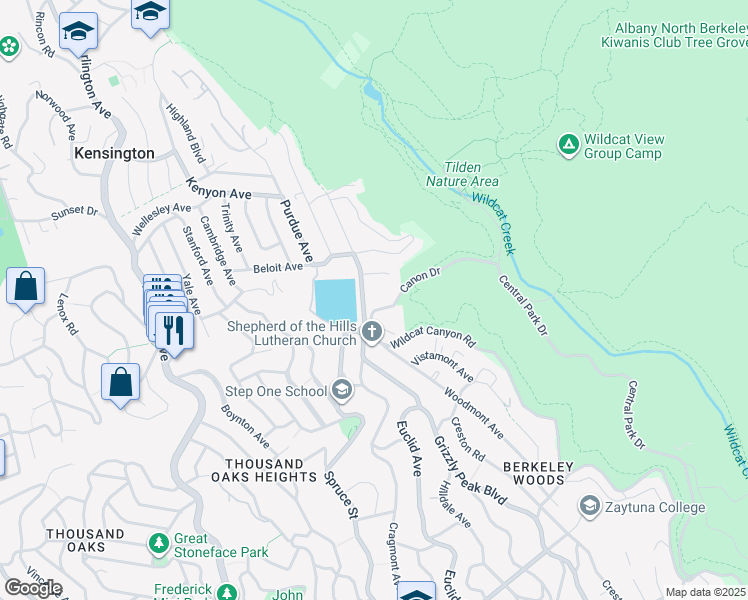map of restaurants, bars, coffee shops, grocery stores, and more near 601 Canon Drive in Kensington