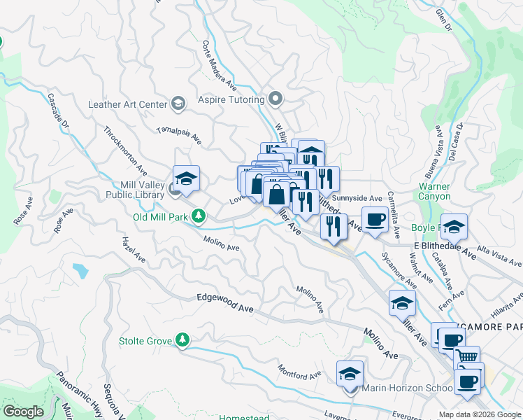 map of restaurants, bars, coffee shops, grocery stores, and more near 89 Ethel Avenue in Mill Valley