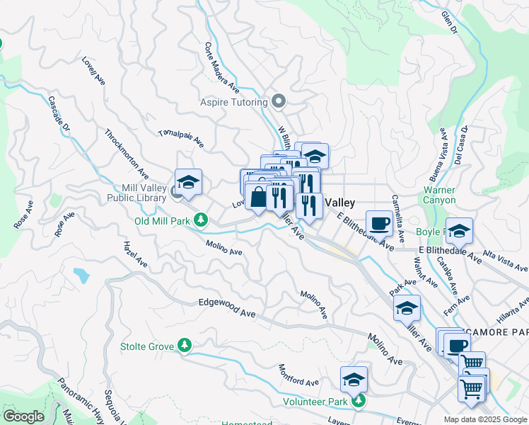 map of restaurants, bars, coffee shops, grocery stores, and more near 89 Ethel Avenue in Mill Valley