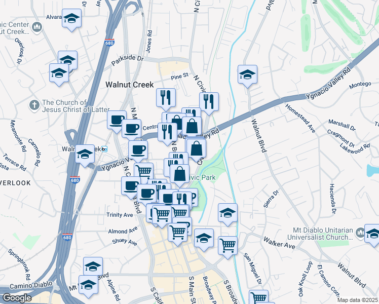 map of restaurants, bars, coffee shops, grocery stores, and more near 1250 Arroyo Way in Walnut Creek