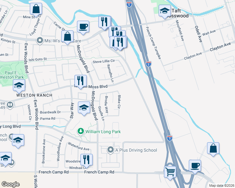 map of restaurants, bars, coffee shops, grocery stores, and more near 4222 Blake Circle in Stockton