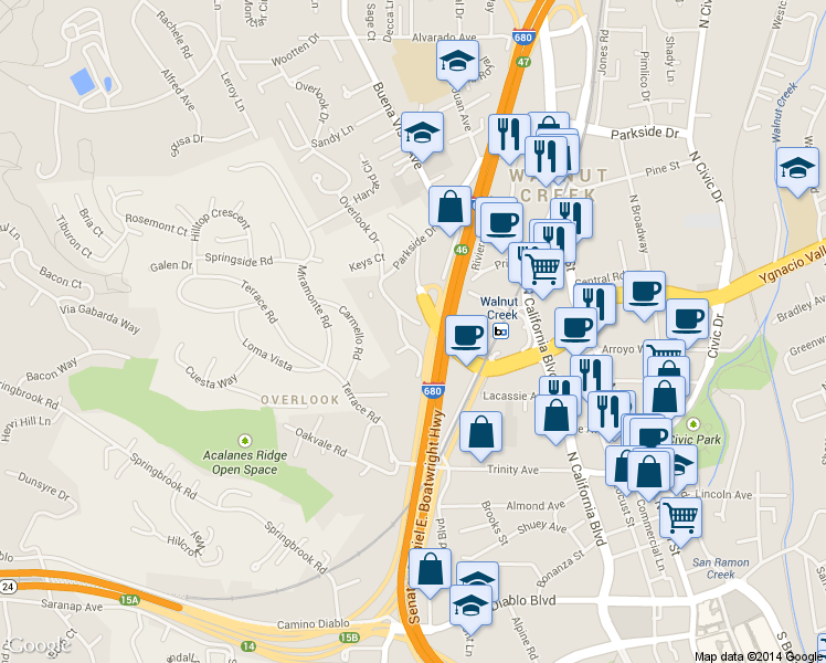 map of restaurants, bars, coffee shops, grocery stores, and more near 18 Jocelyn Place in Walnut Creek