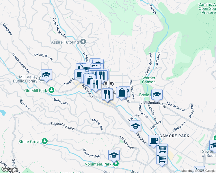 map of restaurants, bars, coffee shops, grocery stores, and more near in Mill Valley