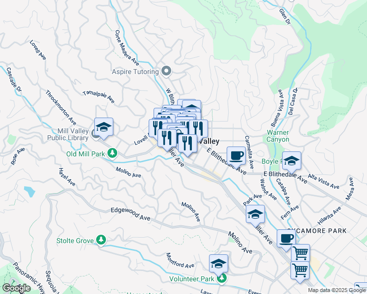 map of restaurants, bars, coffee shops, grocery stores, and more near 37 Miller Avenue in Mill Valley
