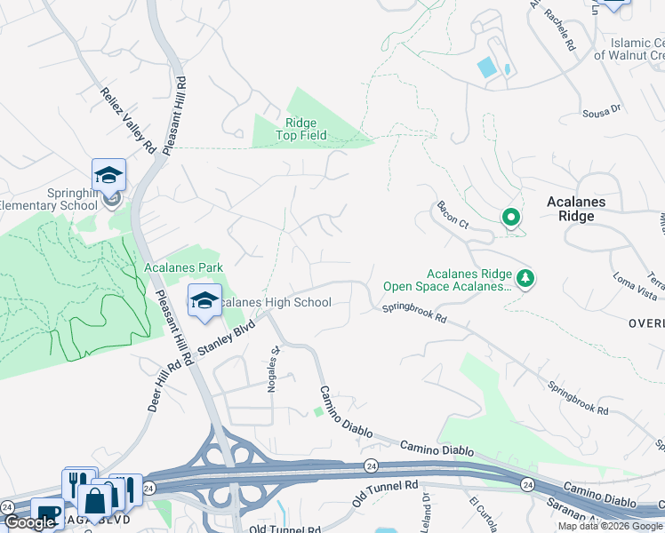 map of restaurants, bars, coffee shops, grocery stores, and more near 3153 Stanley Boulevard in Lafayette