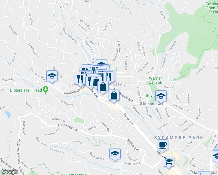 map of restaurants, bars, coffee shops, grocery stores, and more near 11 Forrest Street in Mill Valley