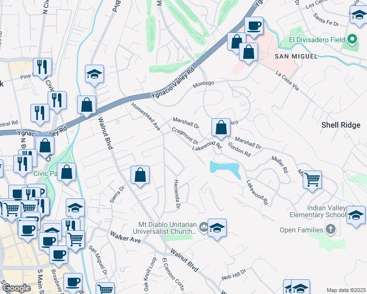 map of restaurants, bars, coffee shops, grocery stores, and more near 1072 Hacienda Drive in Walnut Creek