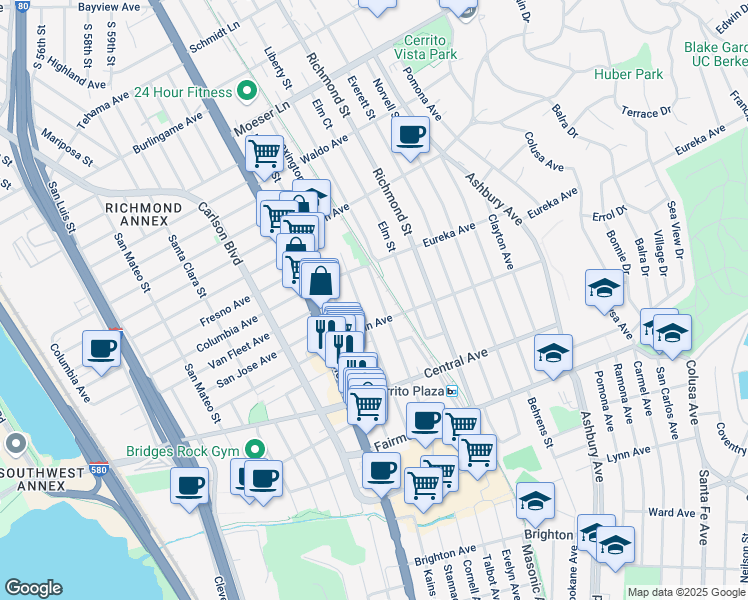 map of restaurants, bars, coffee shops, grocery stores, and more near 604 Lexington Avenue in El Cerrito