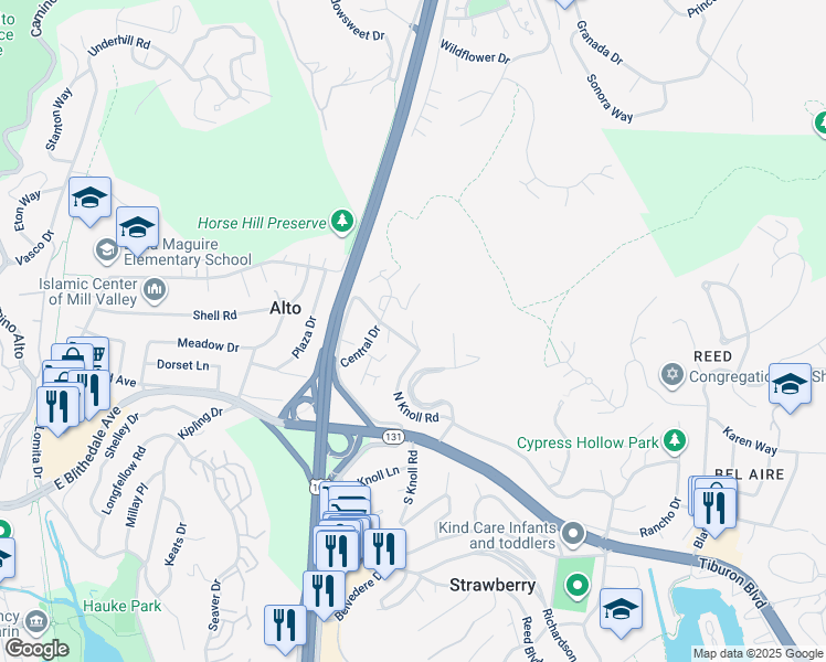map of restaurants, bars, coffee shops, grocery stores, and more near 32 Thomas Drive in Mill Valley