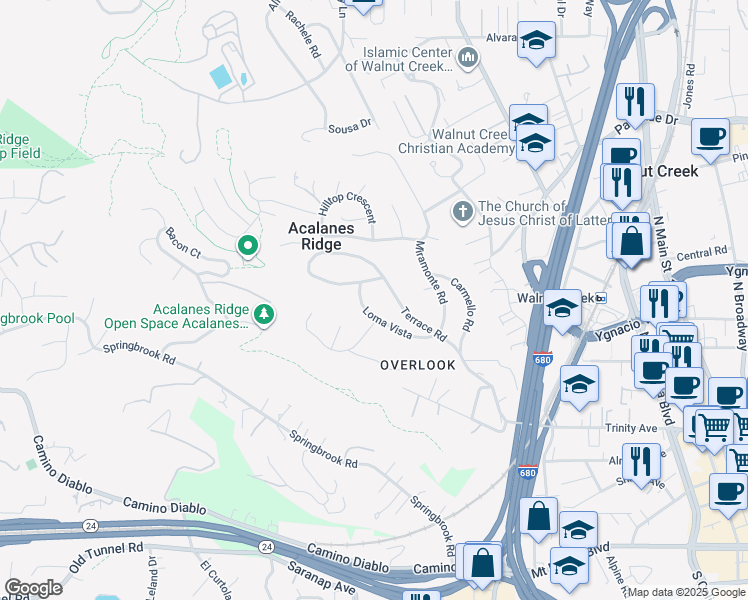 map of restaurants, bars, coffee shops, grocery stores, and more near 44 Loma Vista in Walnut Creek
