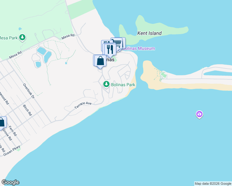 map of restaurants, bars, coffee shops, grocery stores, and more near 55 Cliff Avenue in Bolinas