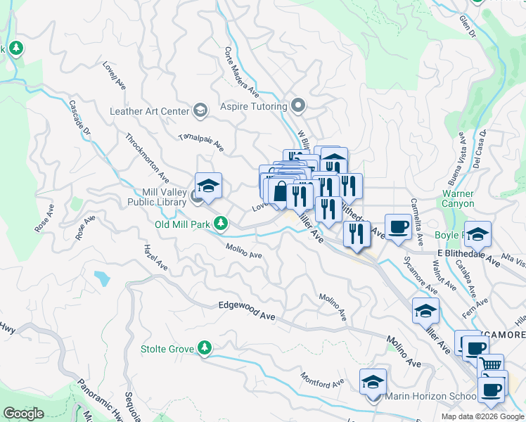 map of restaurants, bars, coffee shops, grocery stores, and more near 52 Lovell Avenue in Mill Valley