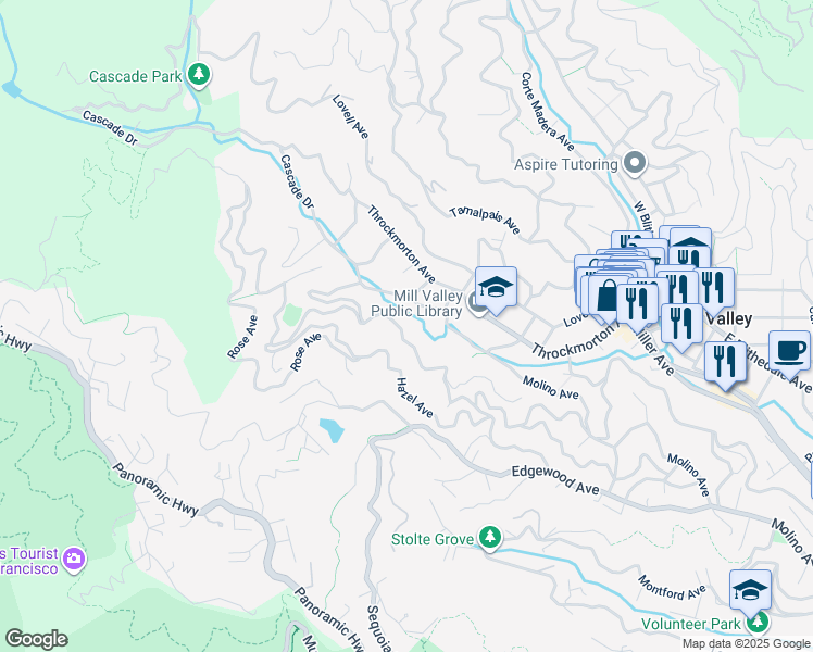 map of restaurants, bars, coffee shops, grocery stores, and more near 151 Cascade Drive in Mill Valley