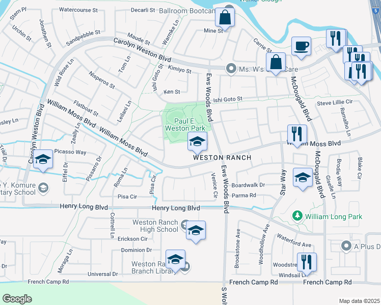 map of restaurants, bars, coffee shops, grocery stores, and more near 3939 Ews Woods Boulevard in Stockton