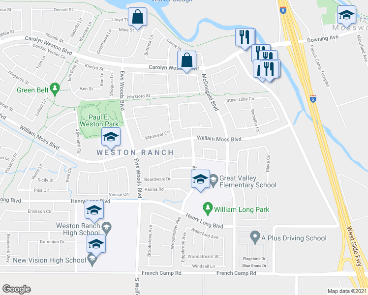 map of restaurants, bars, coffee shops, grocery stores, and more near 4110 Trout Court in Stockton