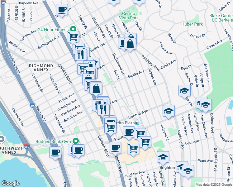 map of restaurants, bars, coffee shops, grocery stores, and more near 618 Liberty Street in El Cerrito
