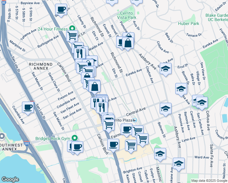 map of restaurants, bars, coffee shops, grocery stores, and more near 618 Liberty Street in El Cerrito