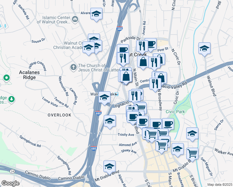 map of restaurants, bars, coffee shops, grocery stores, and more near 200 Ygnacio Valley Road in Walnut Creek