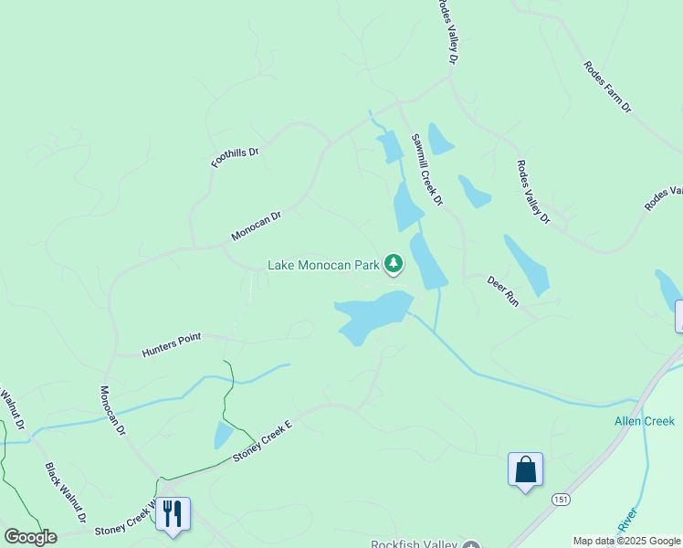 map of restaurants, bars, coffee shops, grocery stores, and more near Stoney Creek Walking Trail in Nellysford