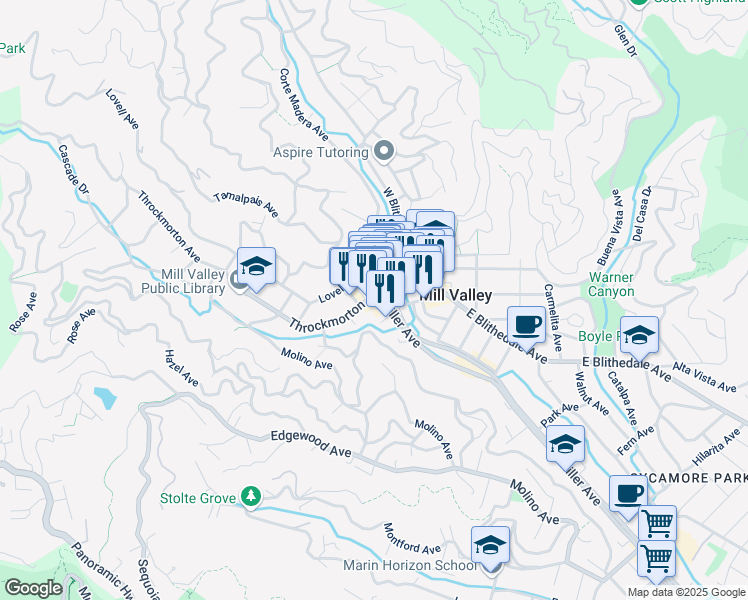 map of restaurants, bars, coffee shops, grocery stores, and more near 100 Throckmorton Avenue in Mill Valley