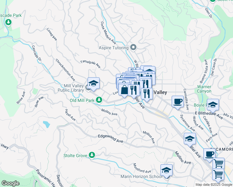 map of restaurants, bars, coffee shops, grocery stores, and more near 52 Lovell Avenue in Mill Valley