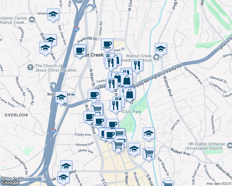map of restaurants, bars, coffee shops, grocery stores, and more near 1981 North Broadway in Walnut Creek