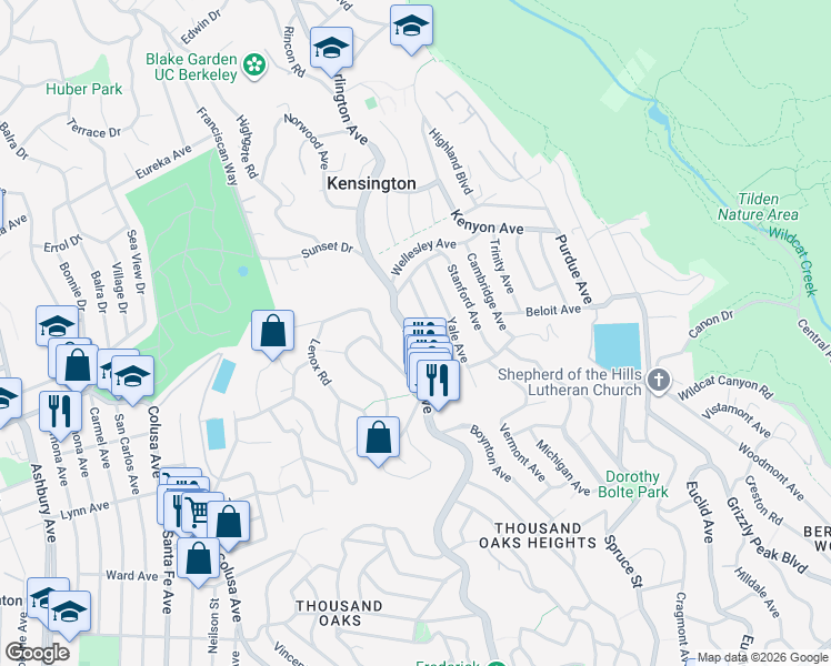 map of restaurants, bars, coffee shops, grocery stores, and more near 225 Arlington Avenue in Kensington