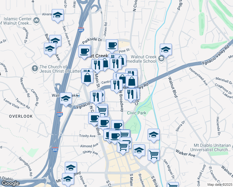 map of restaurants, bars, coffee shops, grocery stores, and more near 1981 North Broadway in Walnut Creek