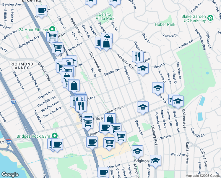 map of restaurants, bars, coffee shops, grocery stores, and more near 6823 Lincoln Avenue in El Cerrito