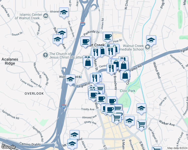 map of restaurants, bars, coffee shops, grocery stores, and more near 2001 North Main Street in Walnut Creek