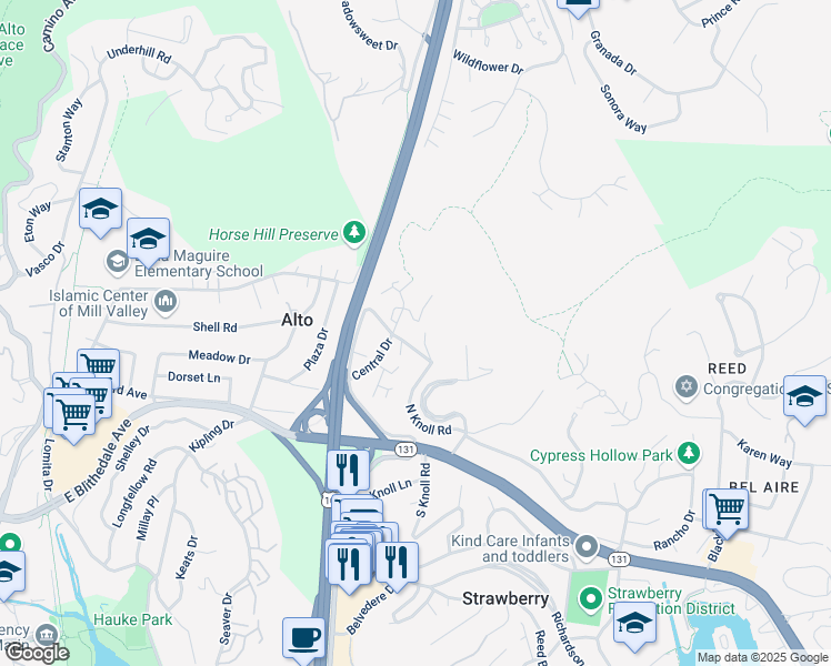 map of restaurants, bars, coffee shops, grocery stores, and more near 30 Central Drive in Mill Valley