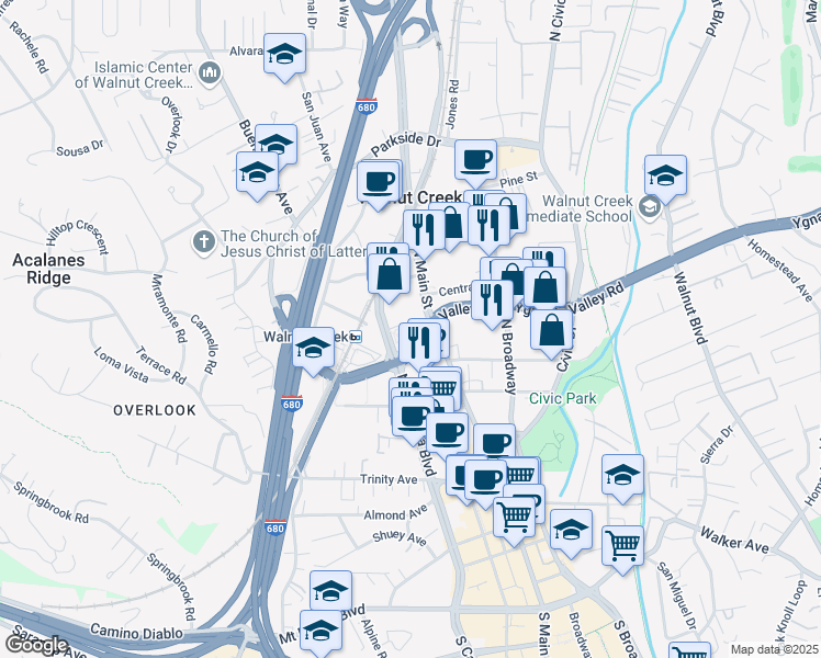 map of restaurants, bars, coffee shops, grocery stores, and more near 2001 North Main Street in Walnut Creek